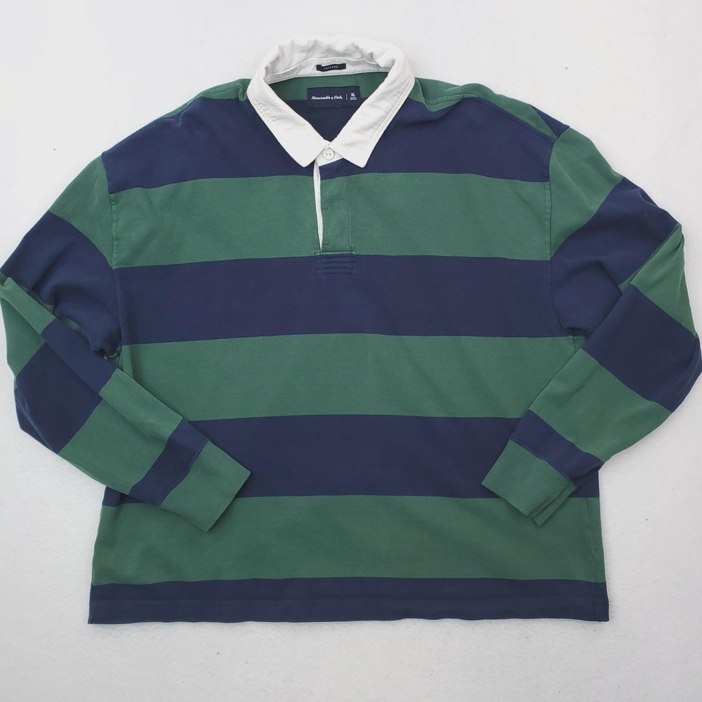 Abercrombie & Fitch Rugby Shirt Mens XL Green Navy Striped Cropped Y2K Vintage - Picture 1 of 9